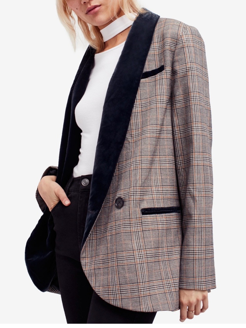 Free people Plaid Blazer with Black Velvet Trim - Women's Trimmed Blazer